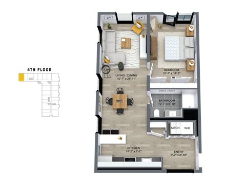 Floor plan for 1 bed, 1 bath, 846 sqft
